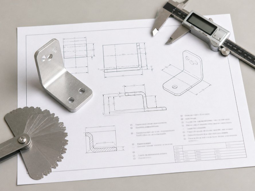 Engineering drawing and sample bracket for aluminum stamping DFM review