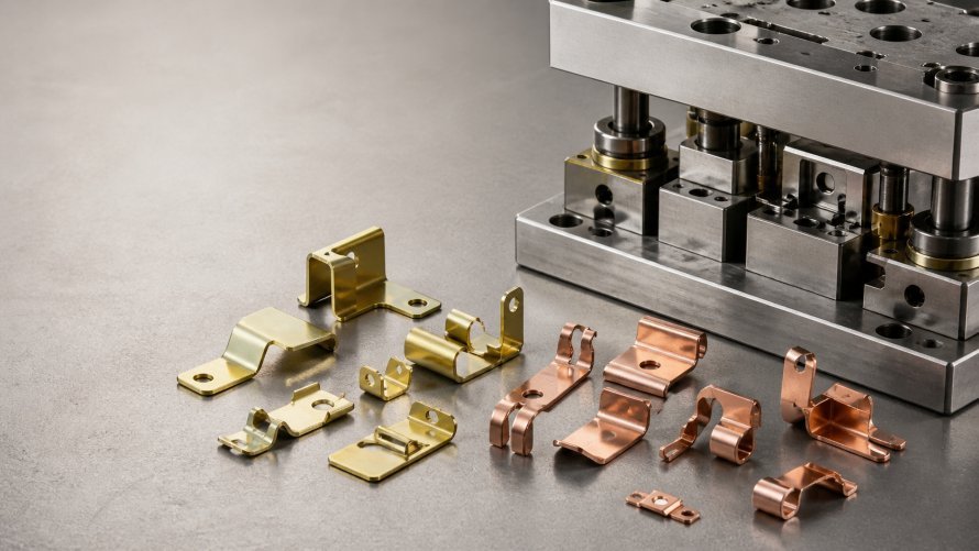 Brass vs Copper for Stamped Metal Parts 1 Brass and copper stamped metal parts beside a precision stamping Mold