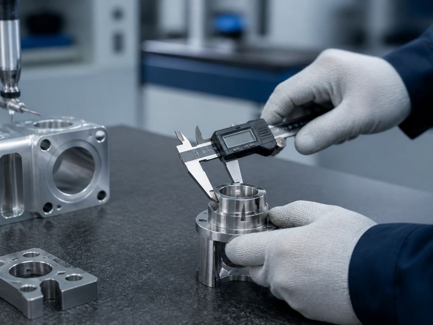Quality inspection of a precision CNC-machined metal component using a digital caliper