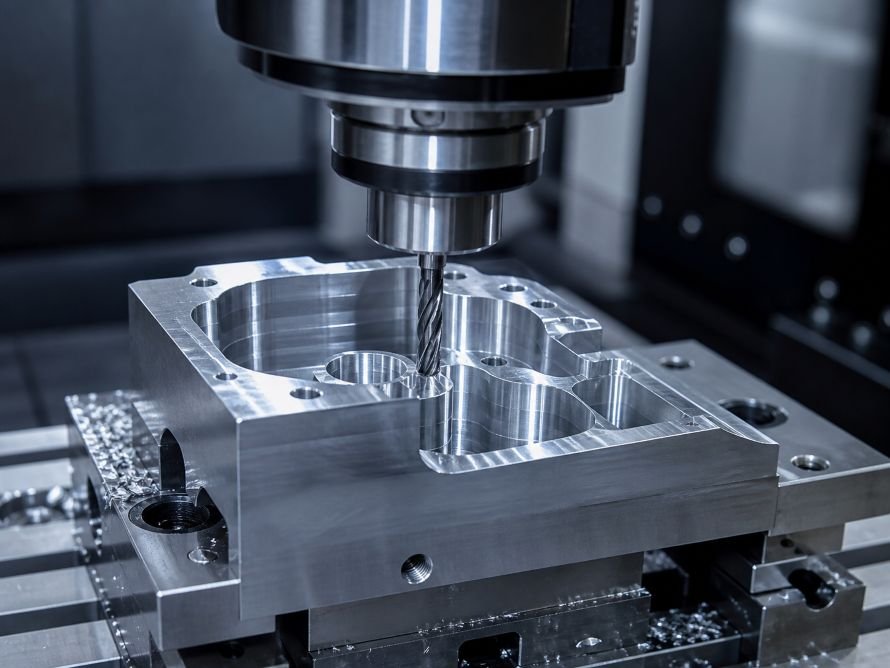 CNC milling tool machining an aluminum workpiece with precision features