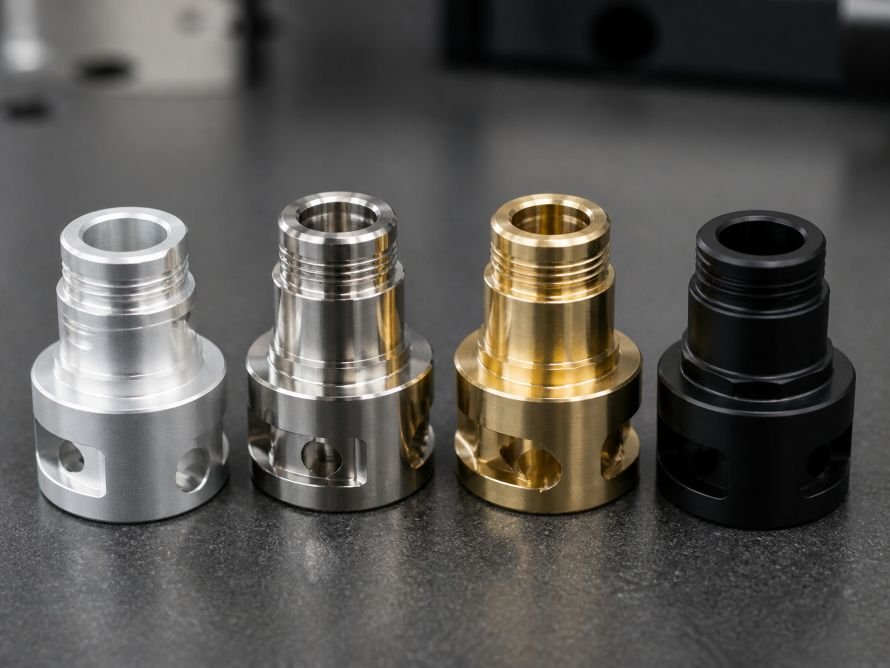 CNC-machined sample parts in aluminum, stainless steel, brass and black engineering plastic