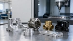 Precision CNC-machined aluminum, stainless steel, brass and engineering plastic parts on a workshop bench