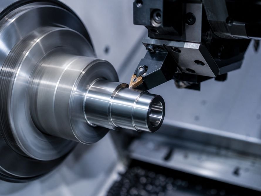 CNC turning tool machining a stainless steel cylindrical component