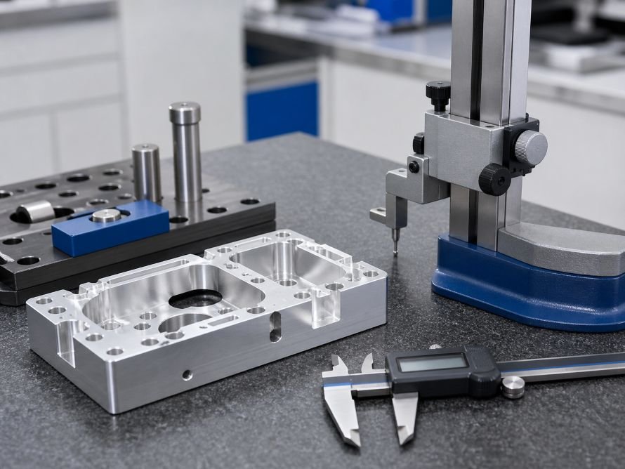 What Is CNC Milling and How Does It Work? 4 Dimensional inspection of a CNC milled metal part on a quality-control bench