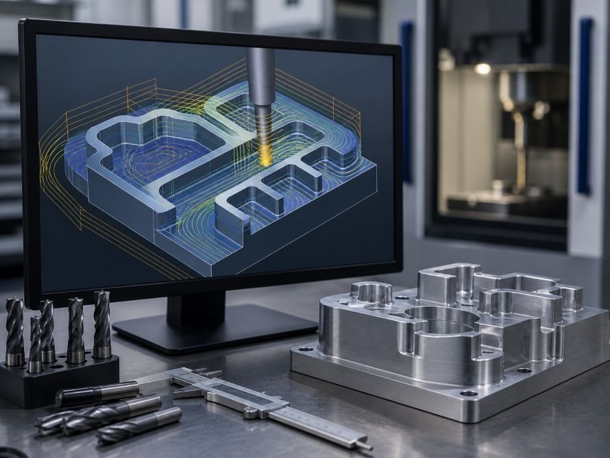 What Is CNC Milling and How Does It Work? 1 CAD CAM toolpath visualization for a CNC milled metal part