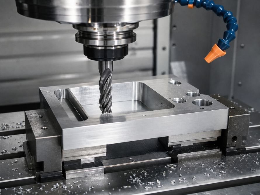 CNC milling machine machining pockets and holes in a clamped metal part