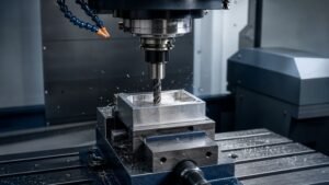 CNC milling machine cutting a metal workpiece secured in a vise