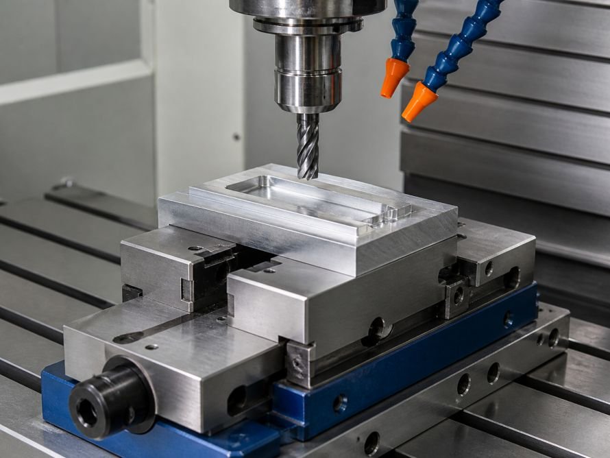 What Is CNC Milling and How Does It Work? 3 CNC milling workholding setup with an aluminum part secured in a precision vise