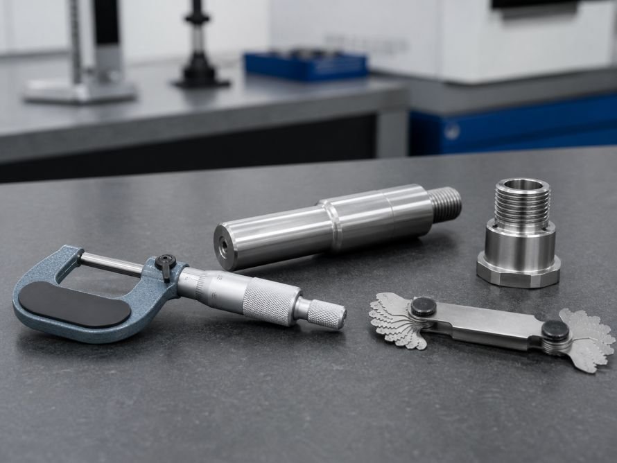 What Is CNC Turning and When Is It Used? 4 Precision inspection tools checking CNC turned shafts and threaded components
