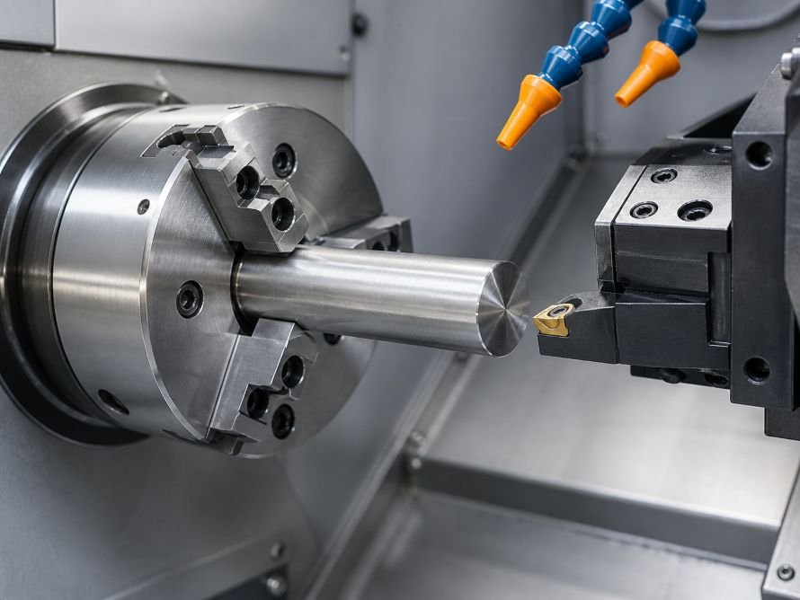 What Is CNC Turning and When Is It Used? 2 CNC lathe chuck securing a cylindrical metal bar for a turning operation