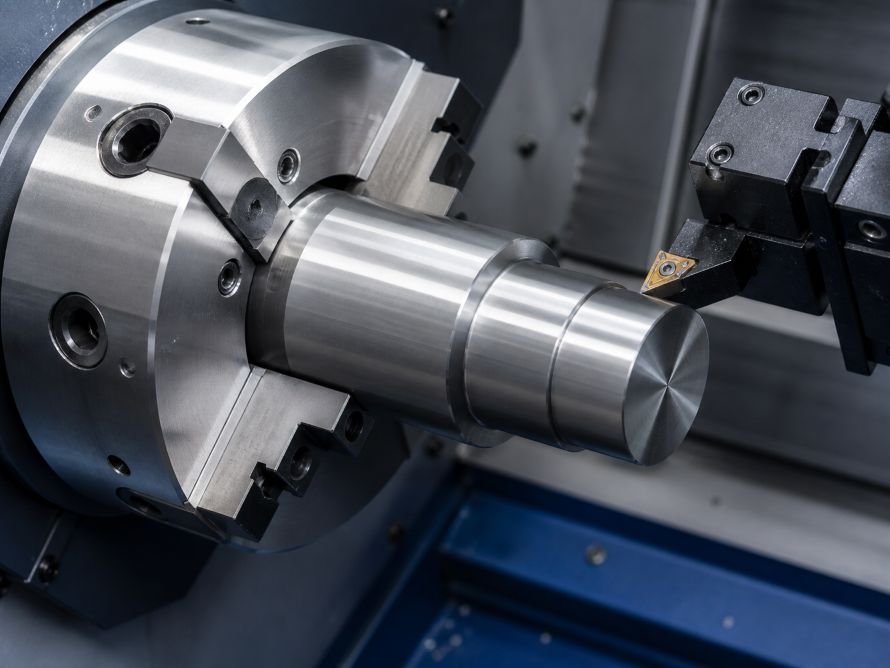 CNC lathe machining a cylindrical metal part with a turning insert