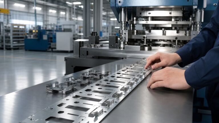 Engineer reviewing metal strip layout and stamped parts beside a precision stamping Mold