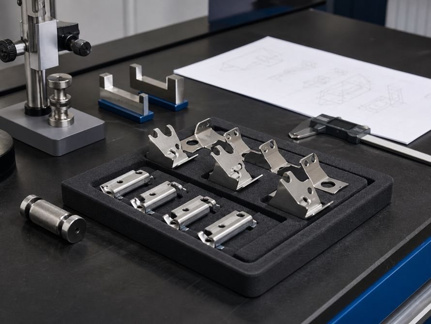 How Tight Can Metal Stamping Tolerances Be? 4 Precision stamped metal parts with inspection gauges and quality-control tools