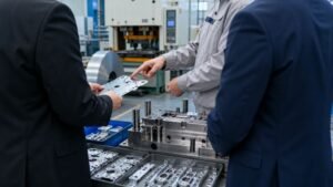 Buyers and factory specialist reviewing stamped metal parts and a precision stamping Mold
