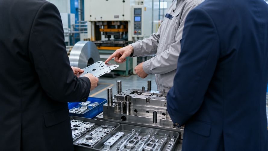 Buyers and factory specialist reviewing stamped metal parts and a precision stamping Mold