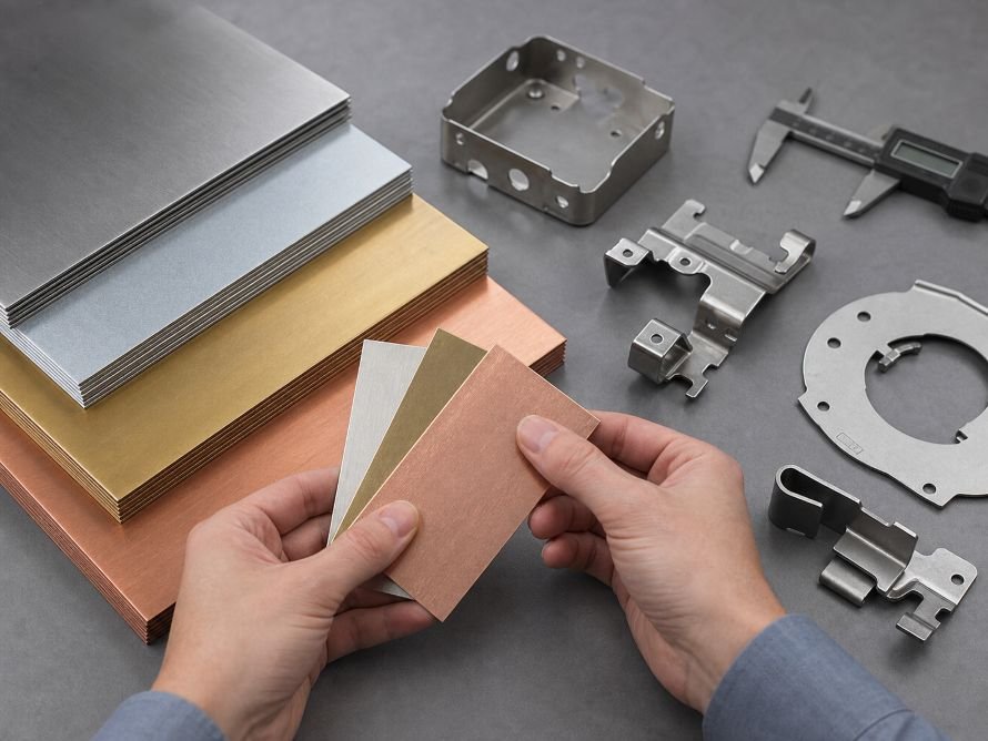 Metal sheet samples and stamped parts used for material selection in a stamping project