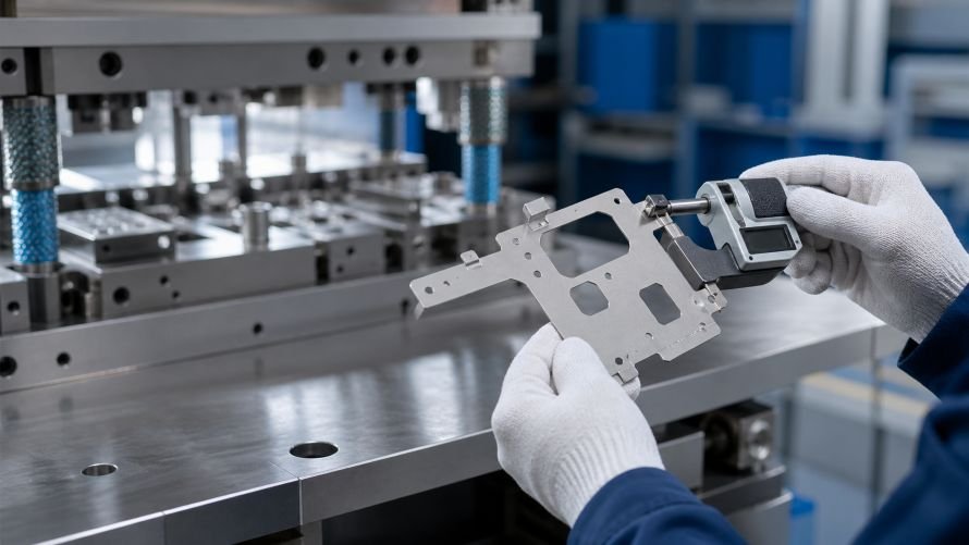 How Tight Can Metal Stamping Tolerances Be? 1 Precision stamped metal part measured with a digital micrometer in a metal stamping workshop
