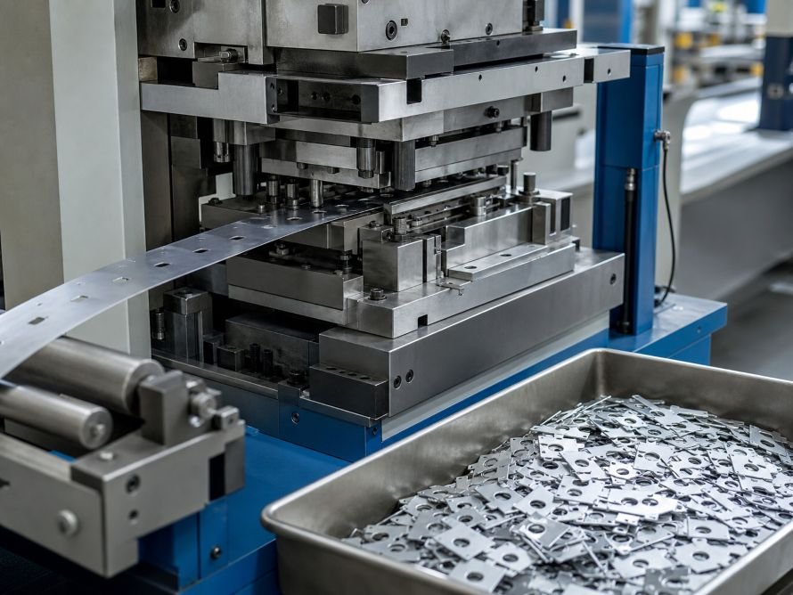 What Causes Burrs in Metal Stamping Parts? 4 Precision metal stamping process with finished parts collected after production