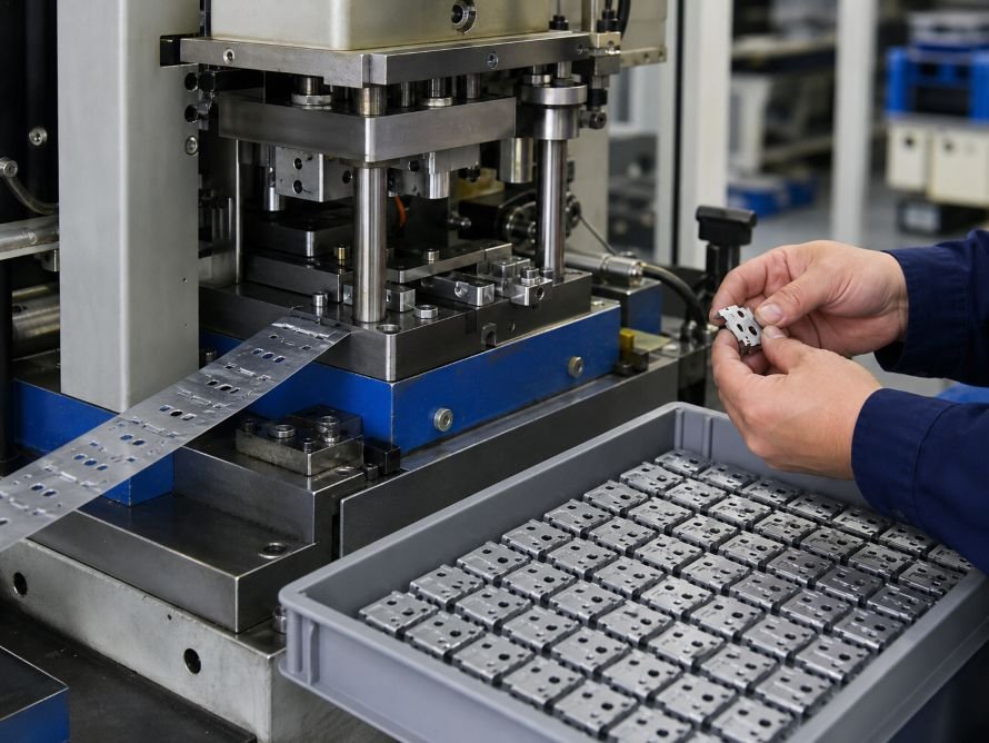 Precision stamping production with an in-process quality check and organized finished parts