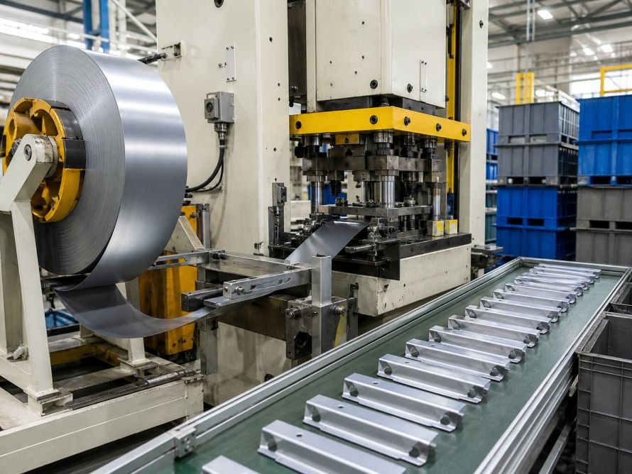 Prototype Stamping vs Production Stamping: What Is the Difference? 3 Coil-fed production metal stamping line with consistent formed metal parts