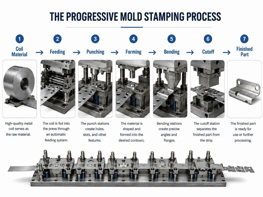 Progressive die stamping process from metal coil to finished part