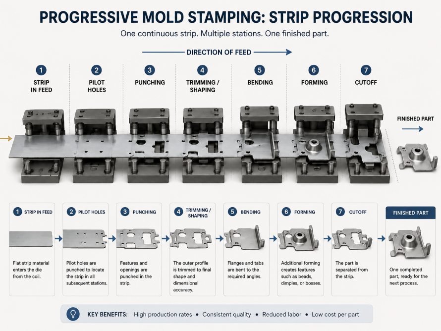 Progressive die strip layout showing multiple stamping stages