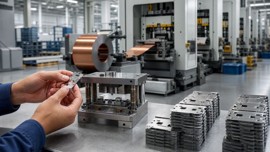 Prototype Stamping vs Production Stamping: What Is the Difference? 1 Prototype and production metal stamping with a compact Mold, coil-fed line, and finished parts