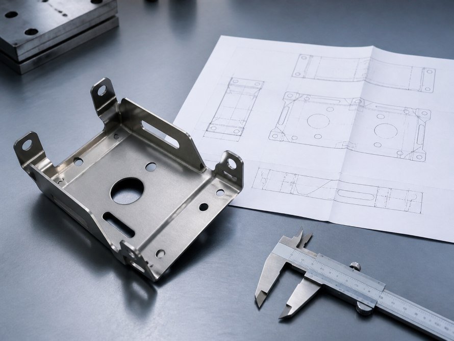 Stainless steel stamped bracket with engineering drawing and caliper for DFM review
