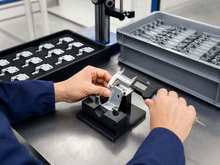 Prototype Stamping vs Production Stamping: What Is the Difference? 5 Stamped metal part checked with calipers in an inspection fixture before production