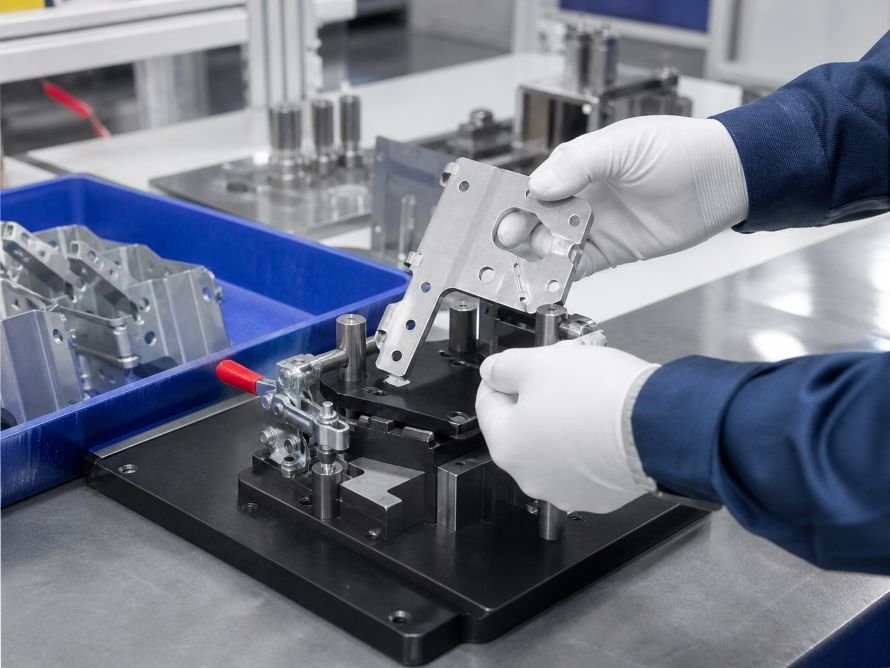 Technician checking a stamped metal component in an in-process inspection fixture