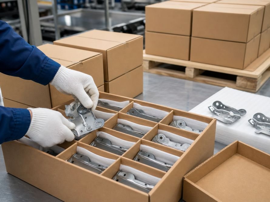 Stamped metal parts placed in protective compartment packaging for shipment