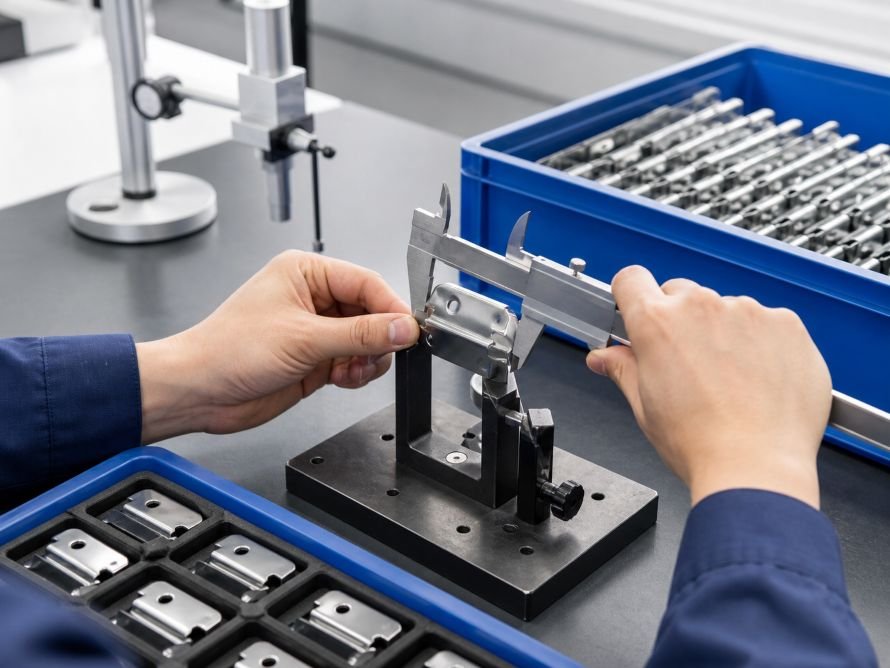 Technician checking a stamped metal part with calipers in an inspection fixture