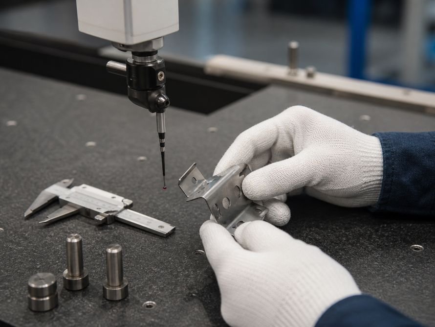 How Tight Can Metal Stamping Tolerances Be? 3 Technician inspecting a stamped metal component with a coordinate measuring probe