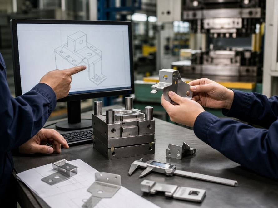 Prototype Stamping vs Production Stamping: What Is the Difference? 4 Engineers reviewing a stamped metal bracket, Mold component, and CAD geometry