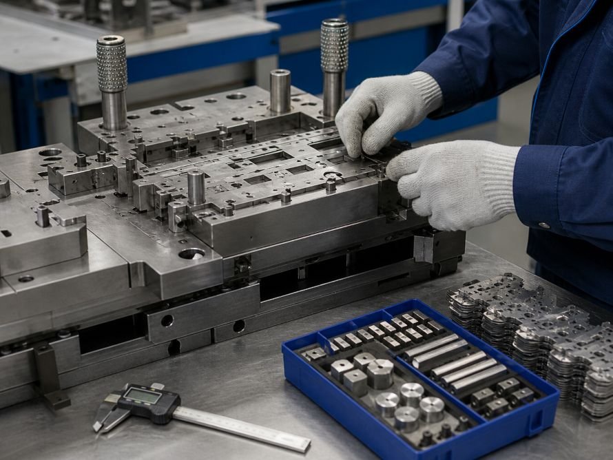 Technician reviewing a precision stamping Mold with organized components and stamped parts