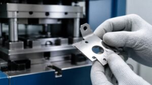 Gloved technician inspecting burrs on a stamped metal part near a precision stamping Mold