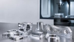Home 6 Precision CNC aluminum machining components on an industrial workbench