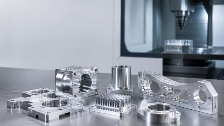 Precision CNC aluminum machining components on an industrial workbench