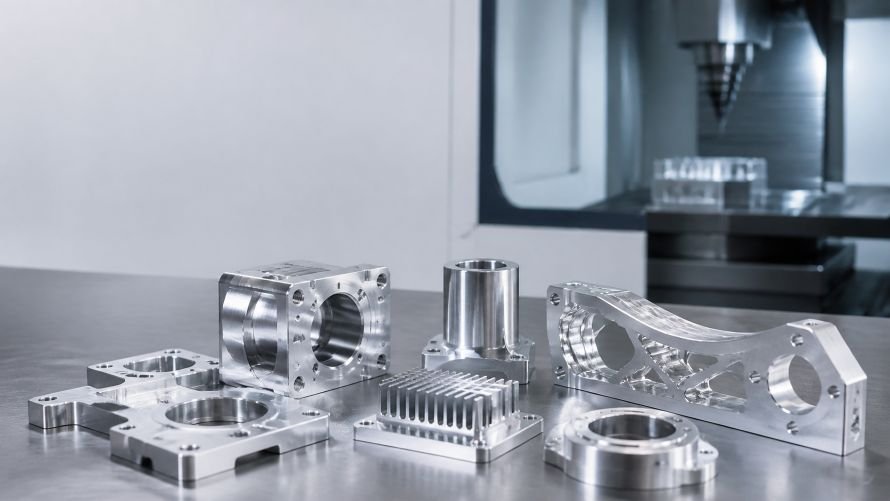 CNC Aluminum Machining: Grades, Benefits and Applications 2 Precision CNC aluminum machining components on an industrial workbench