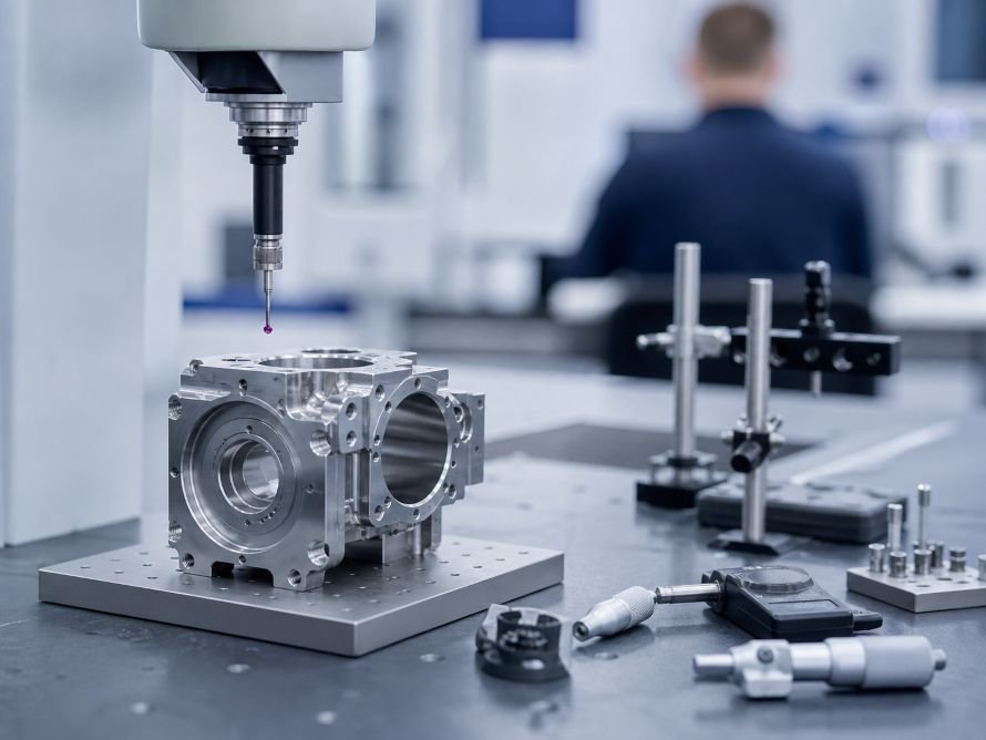 Quality inspection of a CNC machined metal component with measuring equipment
