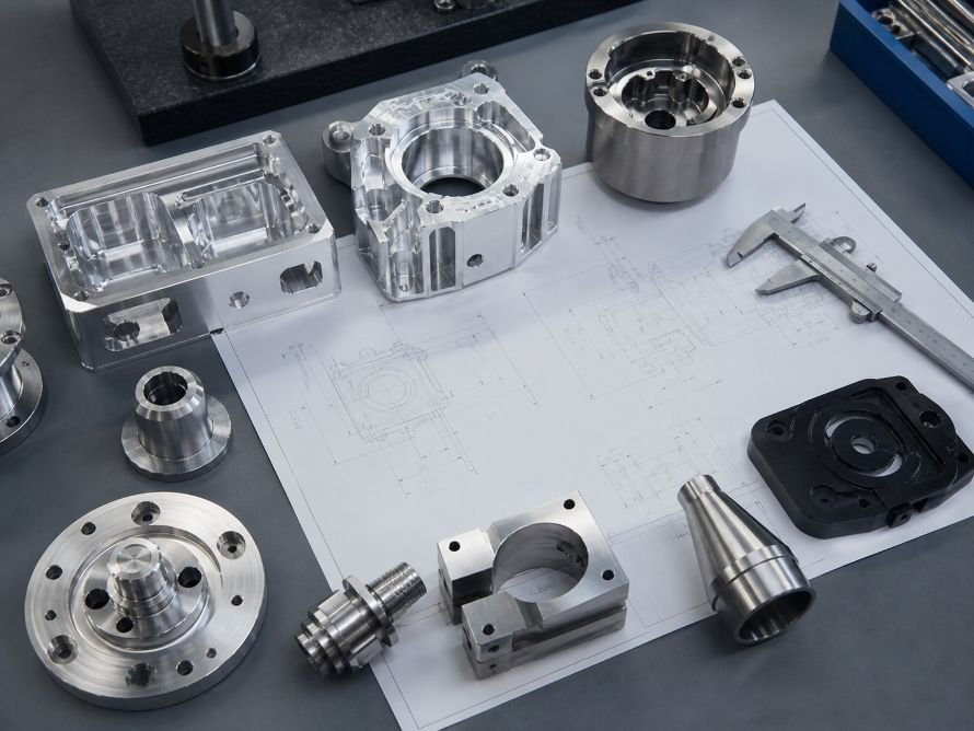 Precision CNC machined parts and engineering drawing showing part complexity