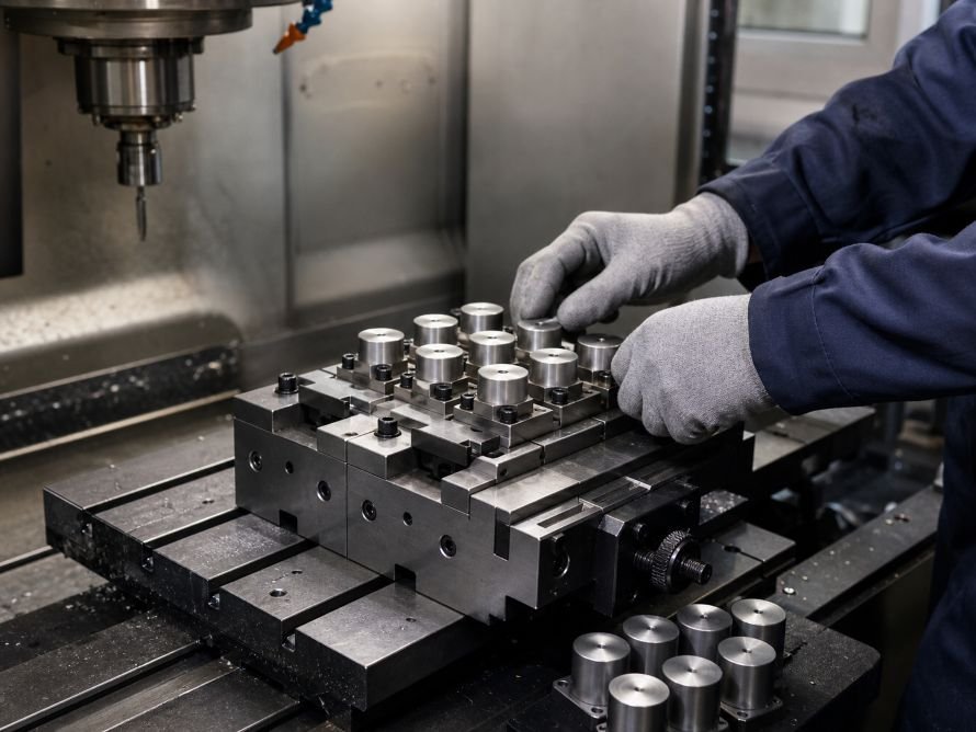 CNC machining fixture setup for a batch of precision metal parts