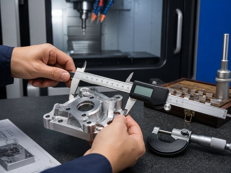 Quality inspection of a precision CNC machined component with calipers