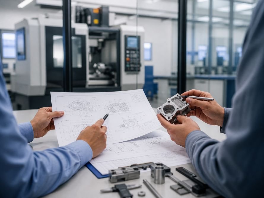 Engineers reviewing custom CNC parts and drawings for supplier evaluation