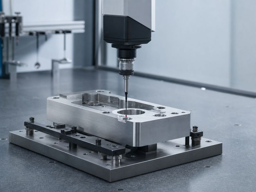 CNC Machining Tolerances: What Can You Achieve? 3 CMM inspection of geometric features on a CNC machined metal block
