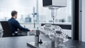 Home 2 Coordinate measuring machine checking a CNC machining tolerances aluminum component