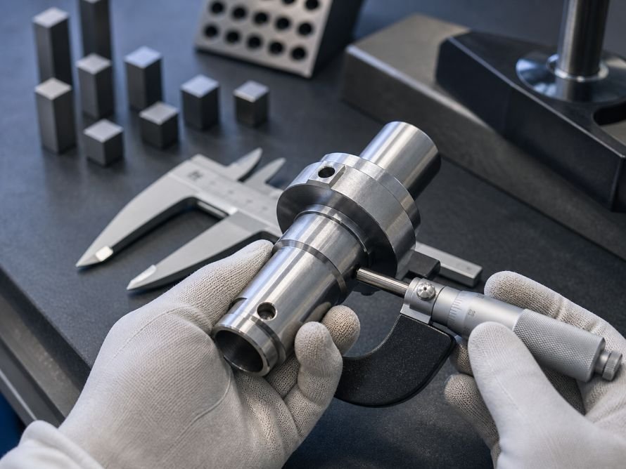 CNC Machining Tolerances: What Can You Achieve? 2 Micrometer measurement of a precision CNC machined metal component