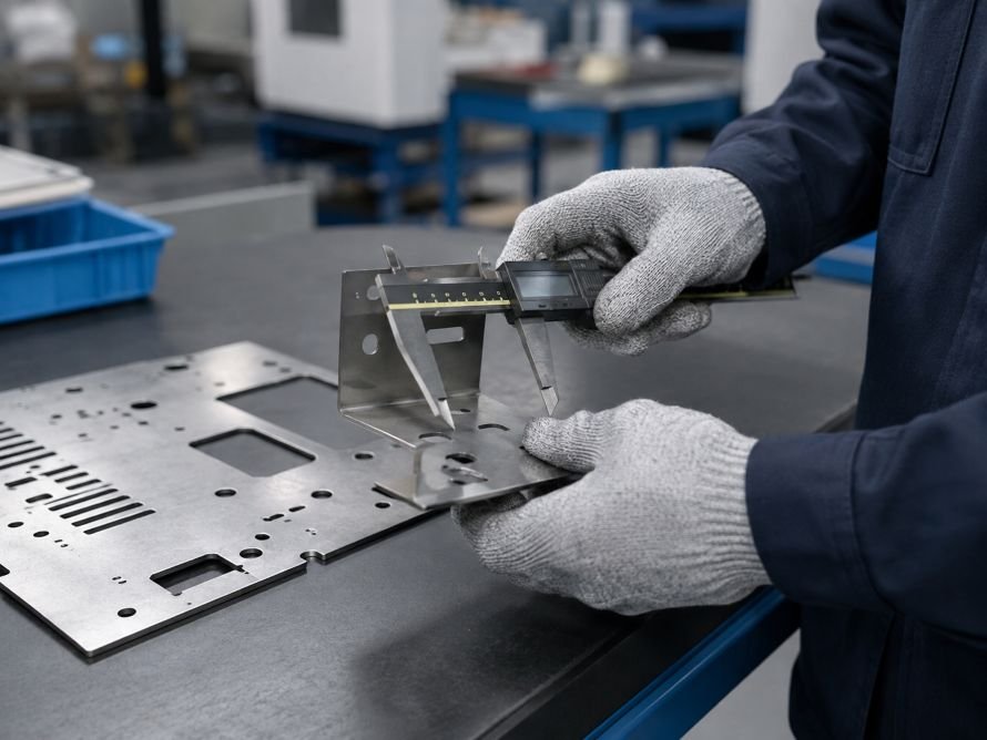 Inspector checking laser-cut sheet metal parts before bending and assembly