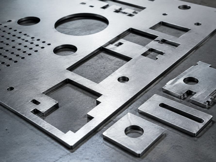 Close view of laser-cut sheet metal edges and precision internal features