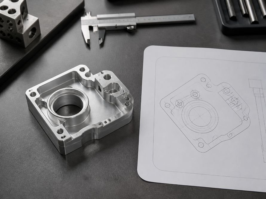 CNC machined component and engineering drawing for design for manufacturability review